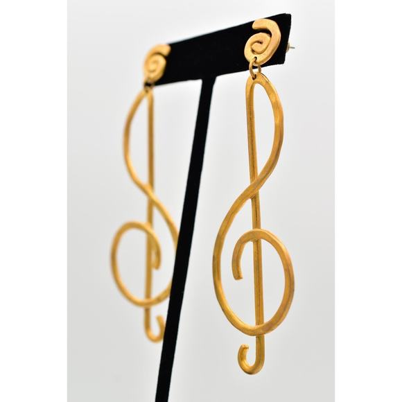 Vintage Treble Clef Earrings Dangle Brushed Gold Matte Long Chunky NOS 1980s A23 - Picture 2 of 12